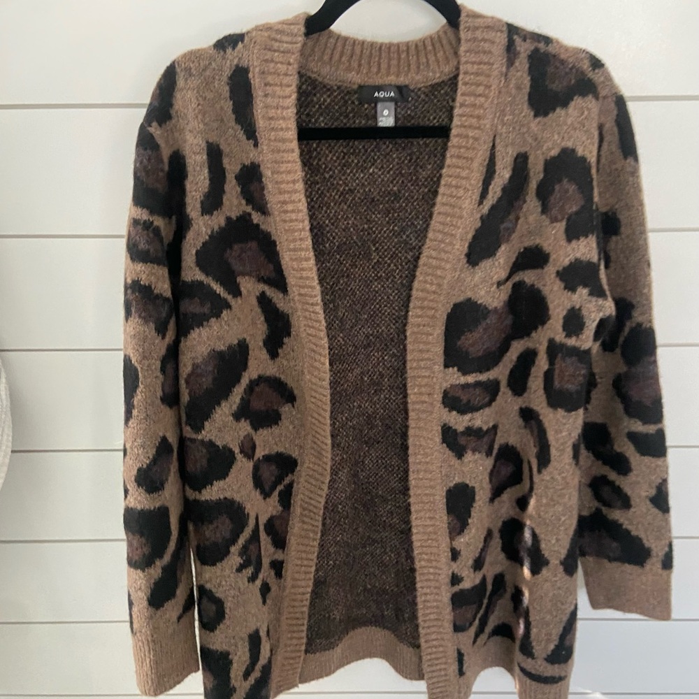 Aqua Women's Leopard Print Long Cardigan Sweater - Brown and Black